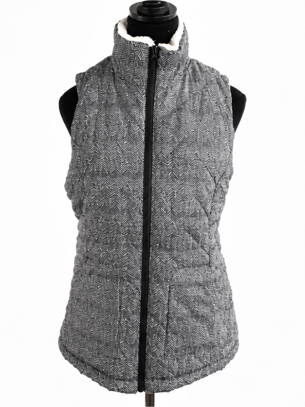 Maurices Grey Herringbone Faux Fur Lined Zip Vest Size S